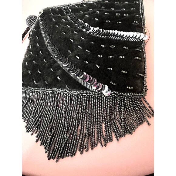 Vintage Black Beaded Evening Purse With Fringe & Long Strap - Picture 3 of 7